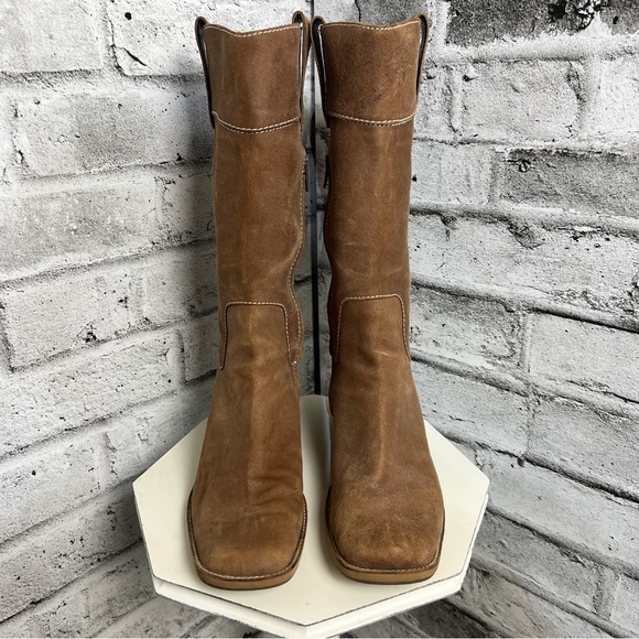 Nine West Tan Suede Square Toe Low Block Heel Boots Size 7 - Picture 6 of 13